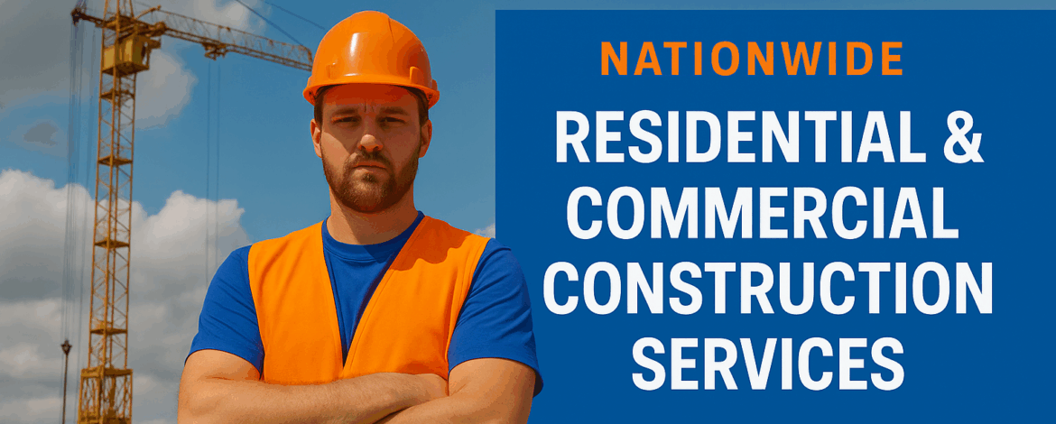 A construction worker in an orange vest stands confidently at a job site with a yellow crane and building under construction, next to bold text promoting Organized Construction's residential and commercial services.