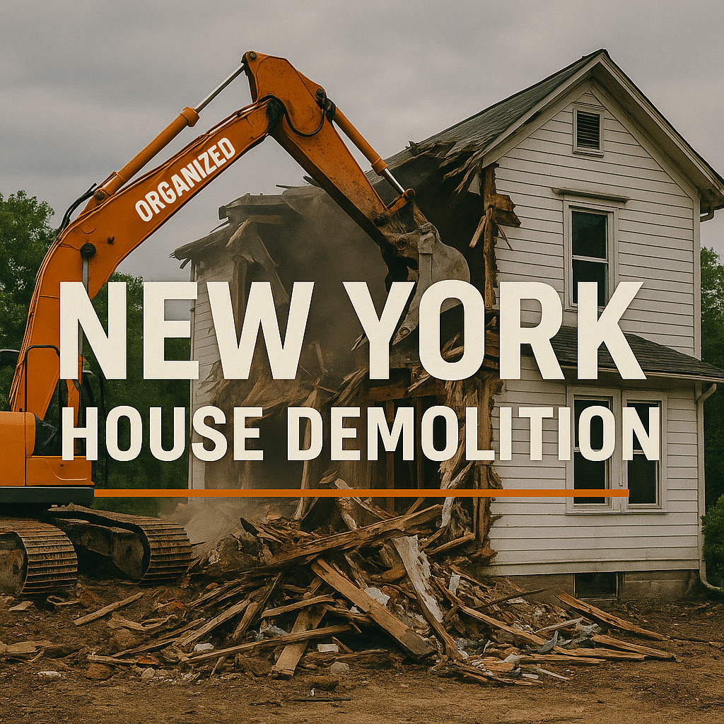 Excavator demolishing a residential home in New York with debris scattered and safety barriers in place