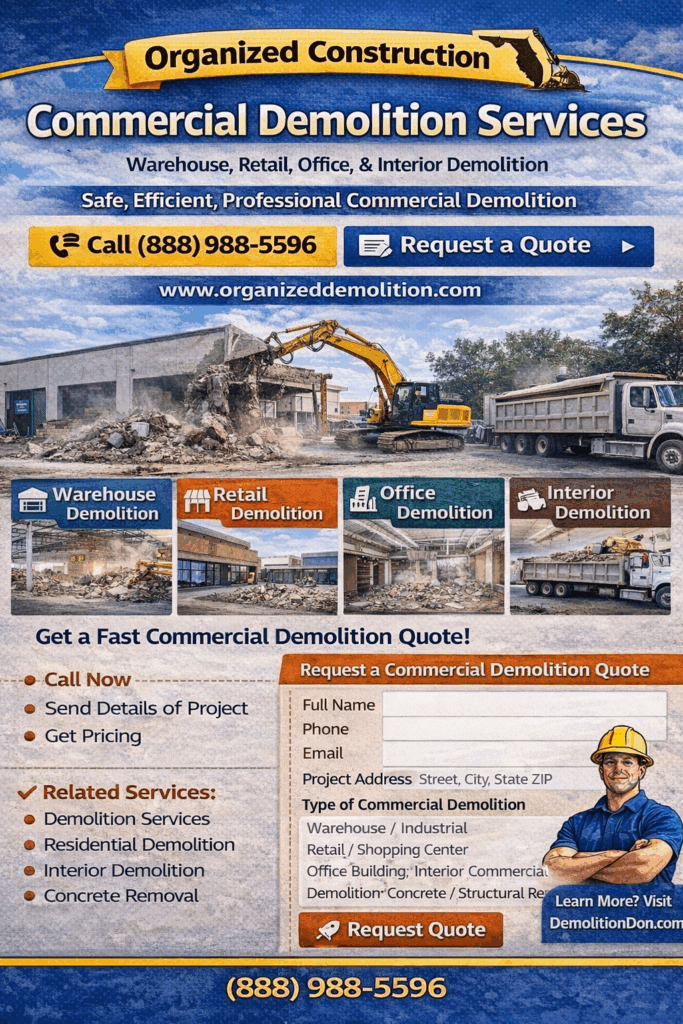 Commercial demolition services by Organized Construction including warehouse demolition, retail demolition, office building demolition, interior commercial demolition, and debris removal