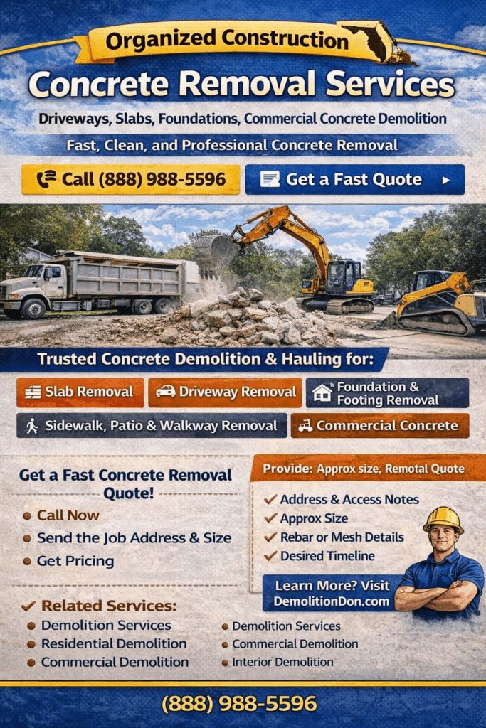Concrete removal services by Organized Construction including slab removal, driveway removal, foundation demolition, and commercial concrete removal