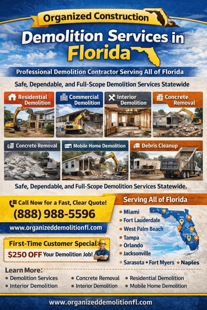 Demolition services in Florida by Organized Construction including residential, commercial, concrete removal, and mobile home demolition