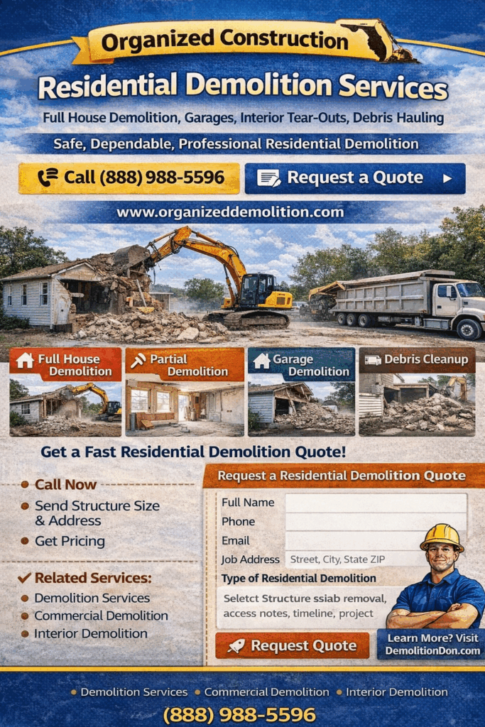 Residential demolition services by Organized Construction including full house demolition, partial demolition, garage demolition, interior tear-outs, and debris hauling