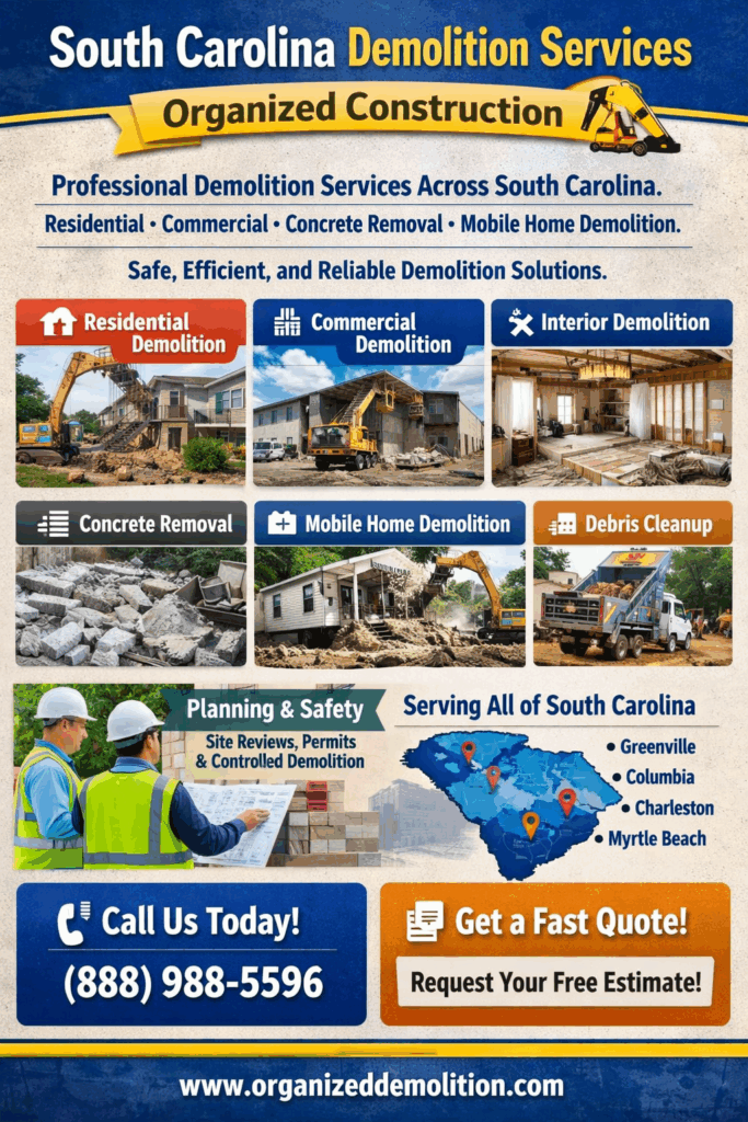 Demolition services in South Carolina by Organized Construction showing residential, commercial, concrete removal, and mobile home demolition